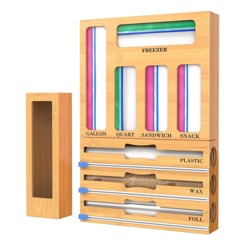 Rebrilliant 9 In 1 Bamboo Foil Plastic Wrap Organizer For Kitchen Drawer Plastic Bag Organizer Organization And Storage Food Storage Bag Organizer With Labels For Quart Gallon Snack Sandwich Bag Wayfa...